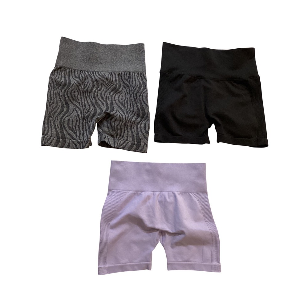 DIOSAFIT Women's Seamless Workout Shorts Set 3 Piece Black Zebra Print Lavender